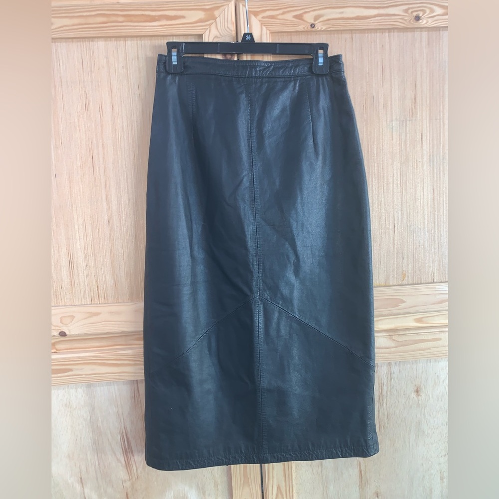 Pelle Cuir VINTAGE black modest leather minimalist skirt size 10